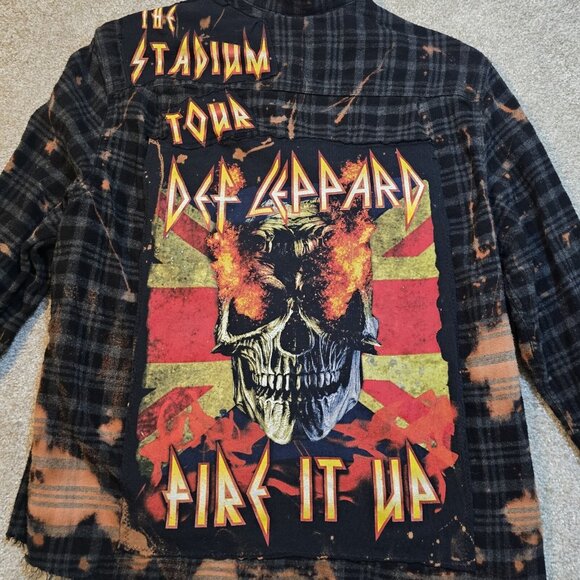 OOAK Upcycled Flannel Shirt Def Leppard Rockabilly Patches Distressed Grunge XL - Picture 2 of 13